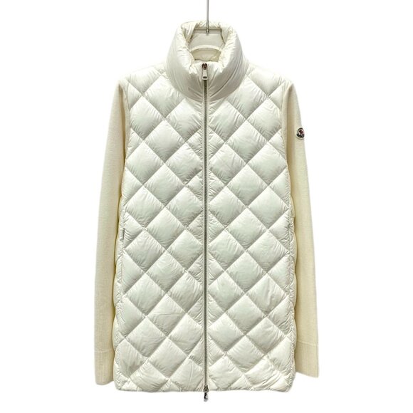 MONCLER Diamond Quilted Down Cardigan Jacket With Knit Sleeves Size M In Cream W